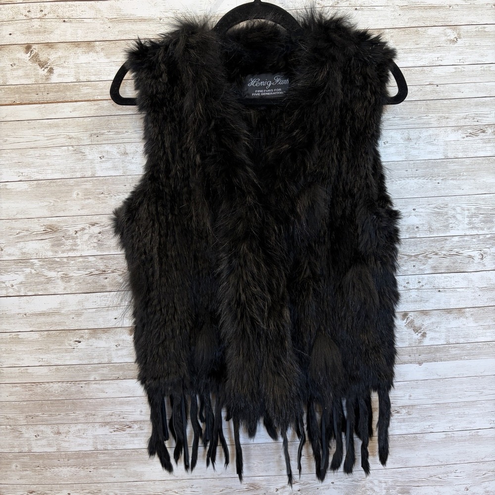 Henig Furs Womens XS/S Vest Real Rabbit & Raccoon Fur Black Fringe Boho Western
